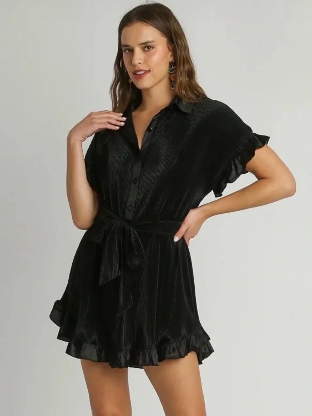 UMGEE Satin Collared Ruffled Button Down Tie-Waist Shirt Dress - Black